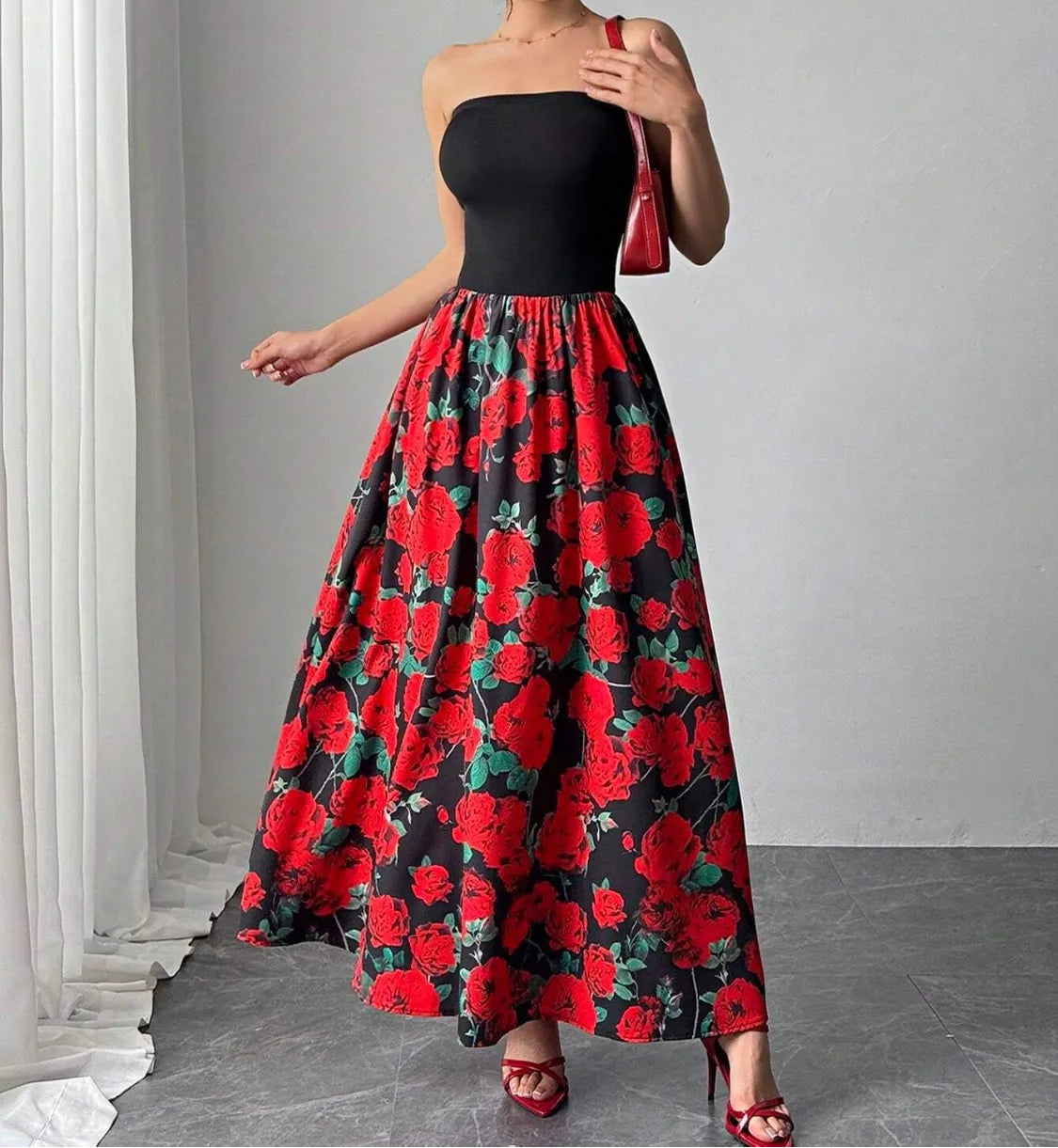 Red Floral Tube Maxi Dress