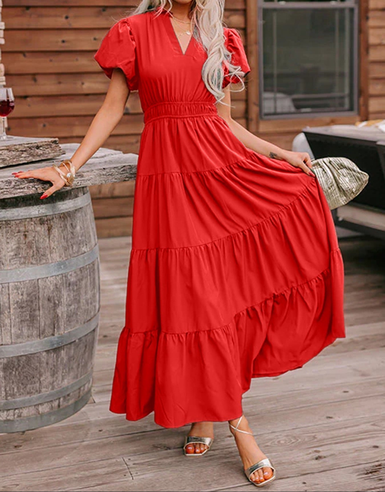 Red Puff Sleeve Tiered Maxi Dress