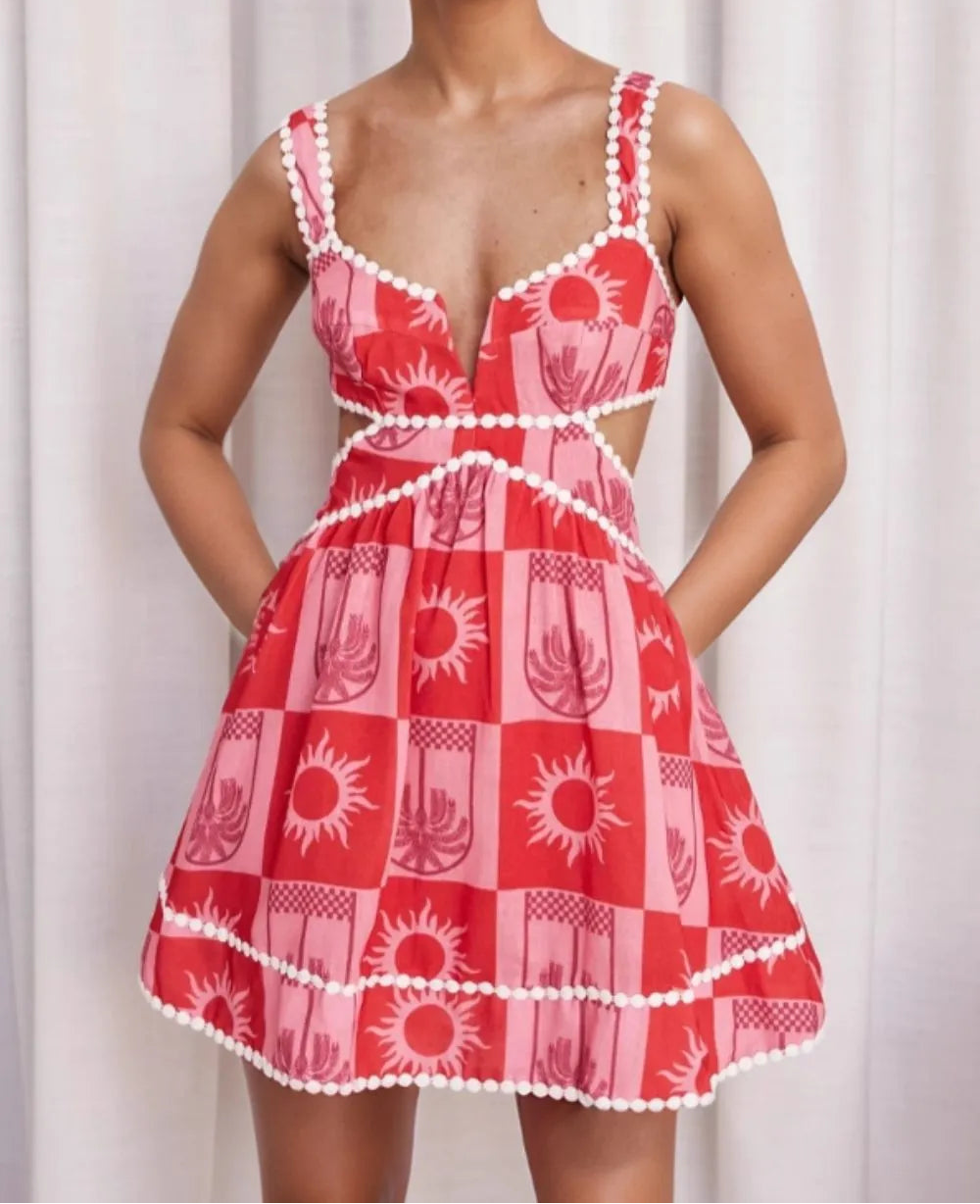 Red Tropical Print Cut-out Mini Dress