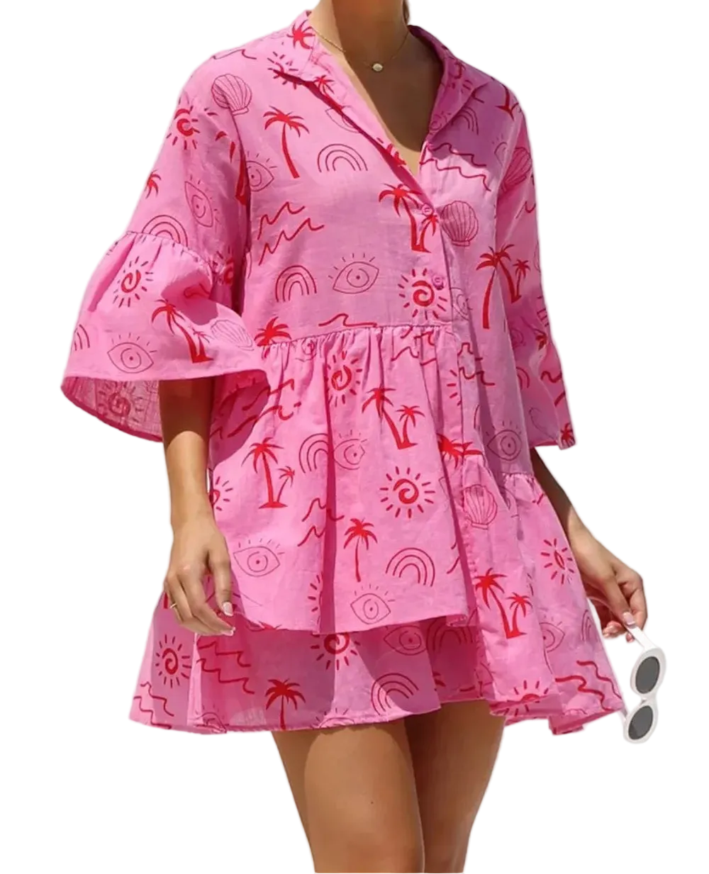 Resort Pink Bell Sleeve Shirt Mini Dress
