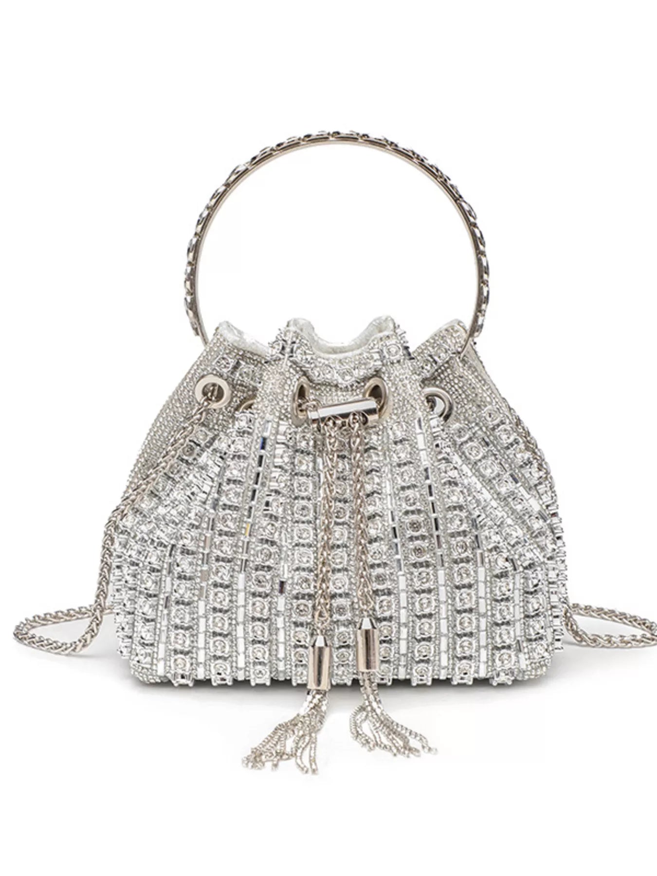 Rhinestone Embellished Bucket Crossbody Bag Silver
