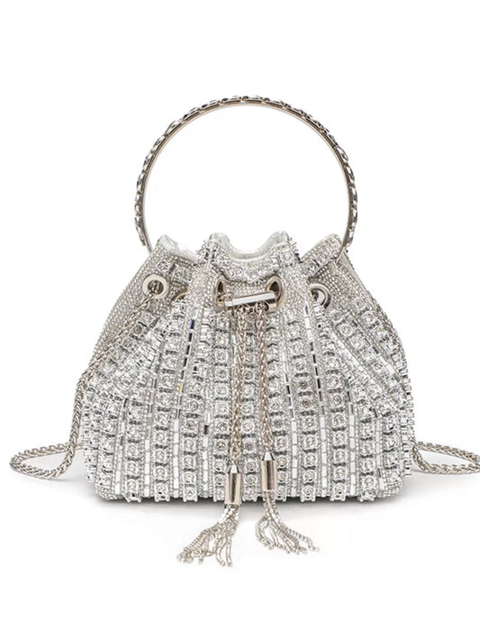 Rhinestone Embellished Bucket Crossbody Bag Silver