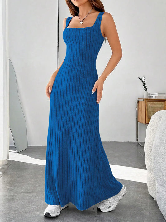 Ribbed Knit Square Neck Sleeveless Maxi Dress blue