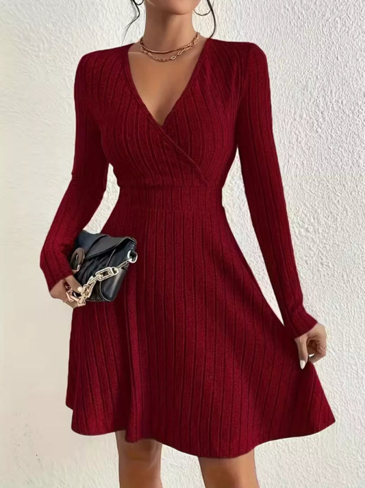 Ribbed Knit Wrap Mini Dress Burgundy