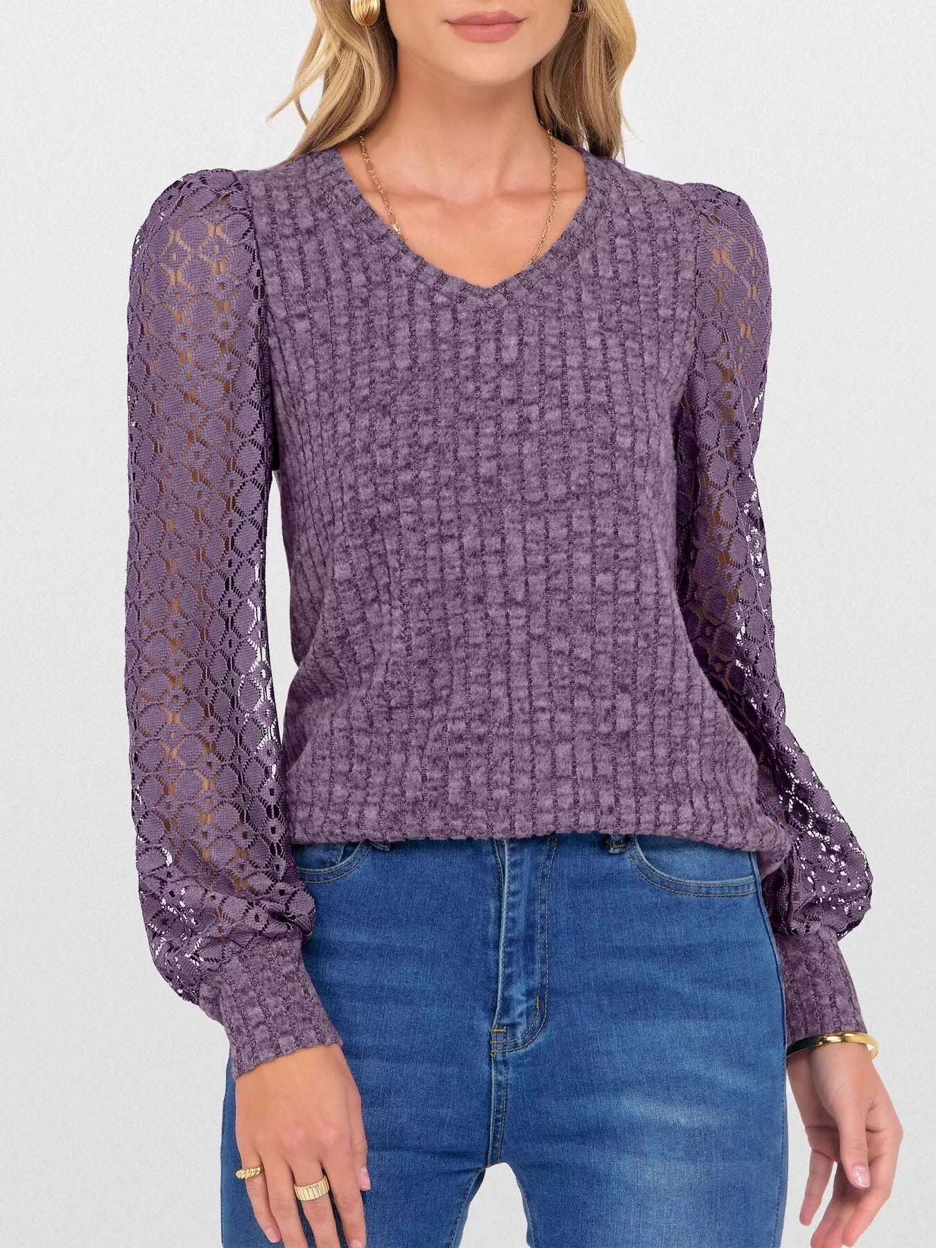 Ribbed Lace Sleeve Top