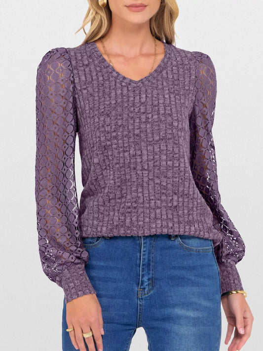 Ribbed Lace Sleeve Top