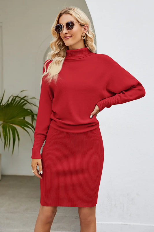 Ribbed Mock Neck Long Sleeve Dress red