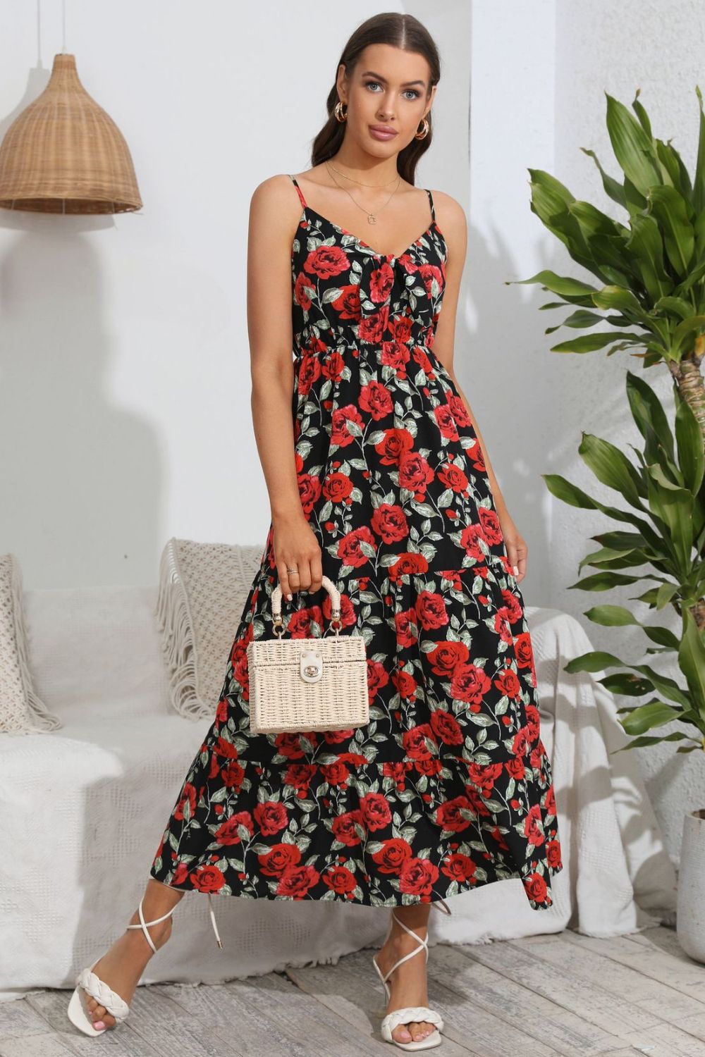 Rose Floral Midi Dress - Sweetheart Neckline Summer Party Dress