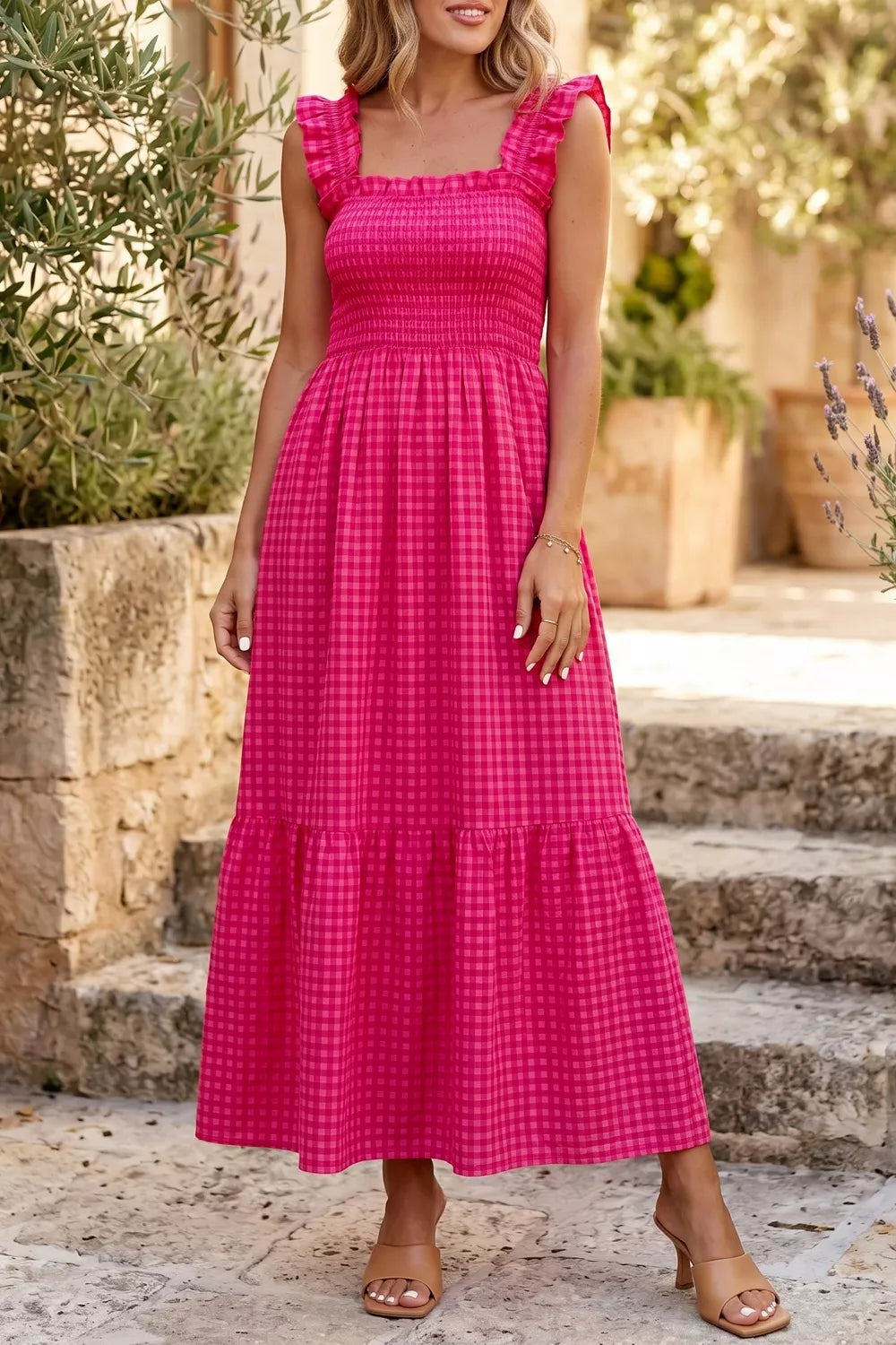Rose Pink Plaid Smocked Midi Dress