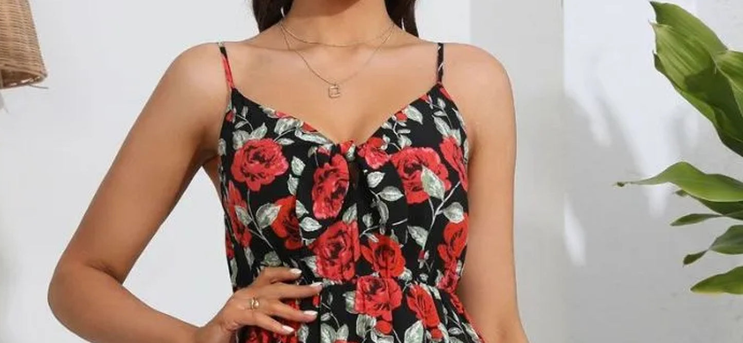 Rose Floral Midi Dress - Sweetheart Neckline Summer Party Dress