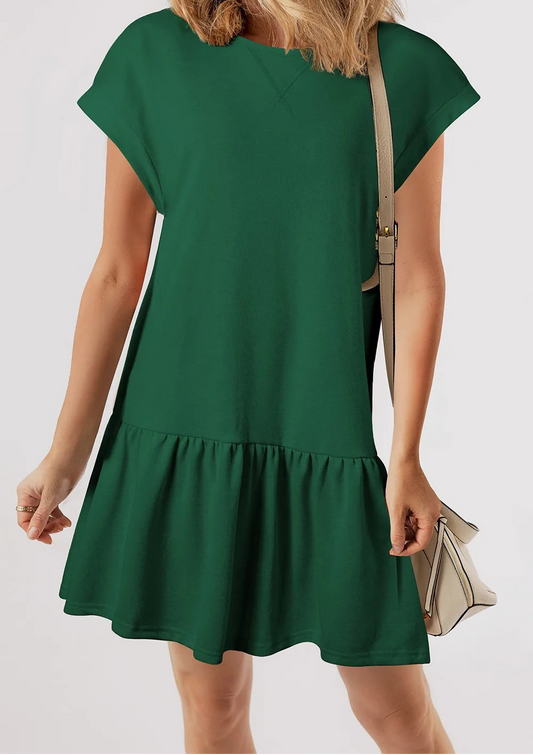 Round Neck Short Sleeve Mini Dress Green