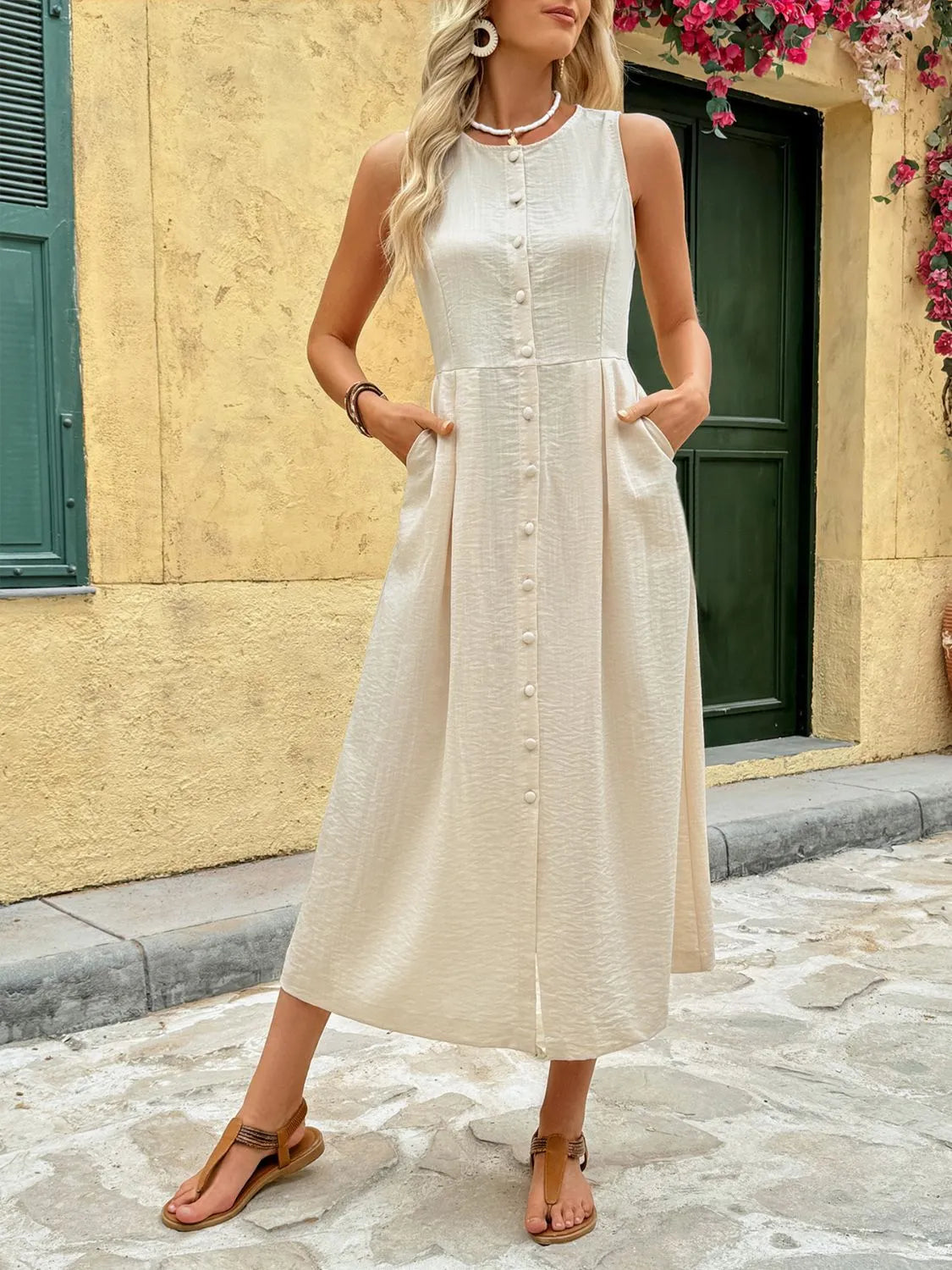 Round Neck Sleeveless Midi Dress