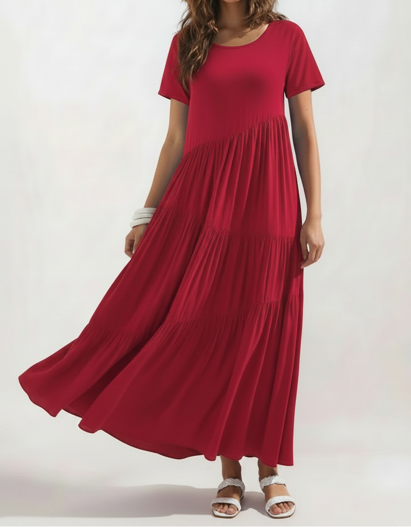 Round Neck Tiered Maxi Dress Red