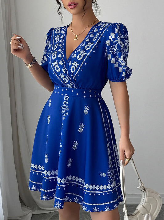 Royal Blue Surplice Puff Sleeve Mini Dress