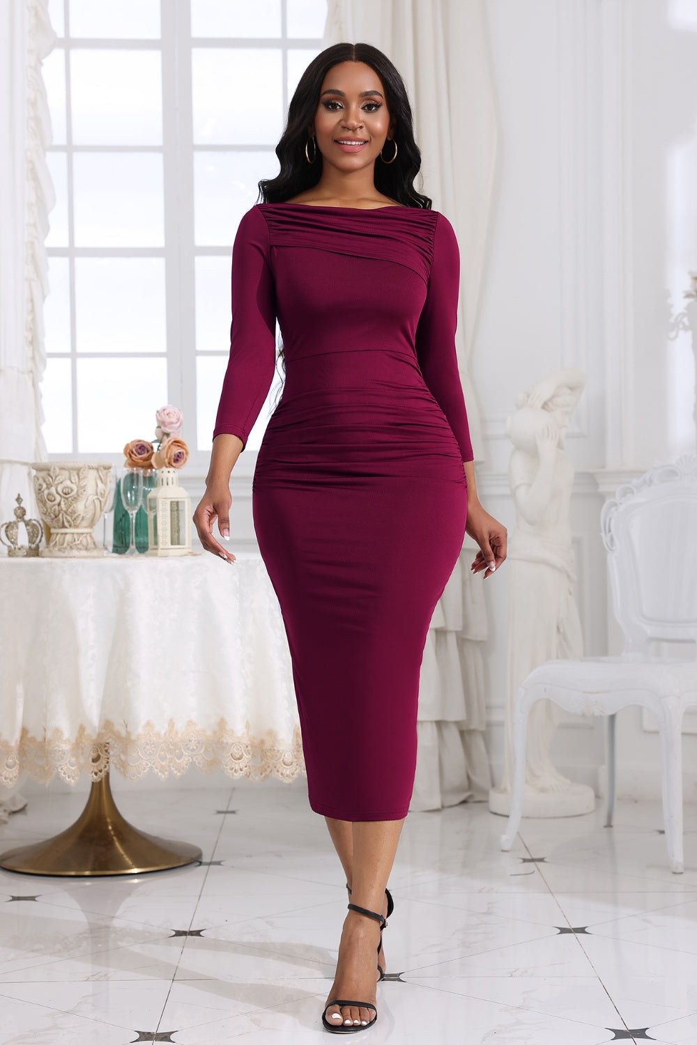 Ruched Bodycon Midi Dress - Long Sleeve Boat Neck Evening Dress burgundy