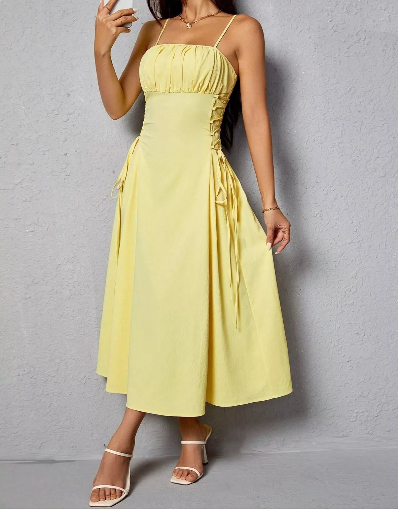 Ruched Cami Midi Dress with Lace-Up Sides Yellow