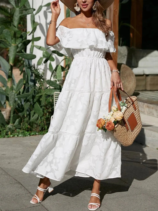 Ruched Off Shoulder Short Sleeve Midi Dress white