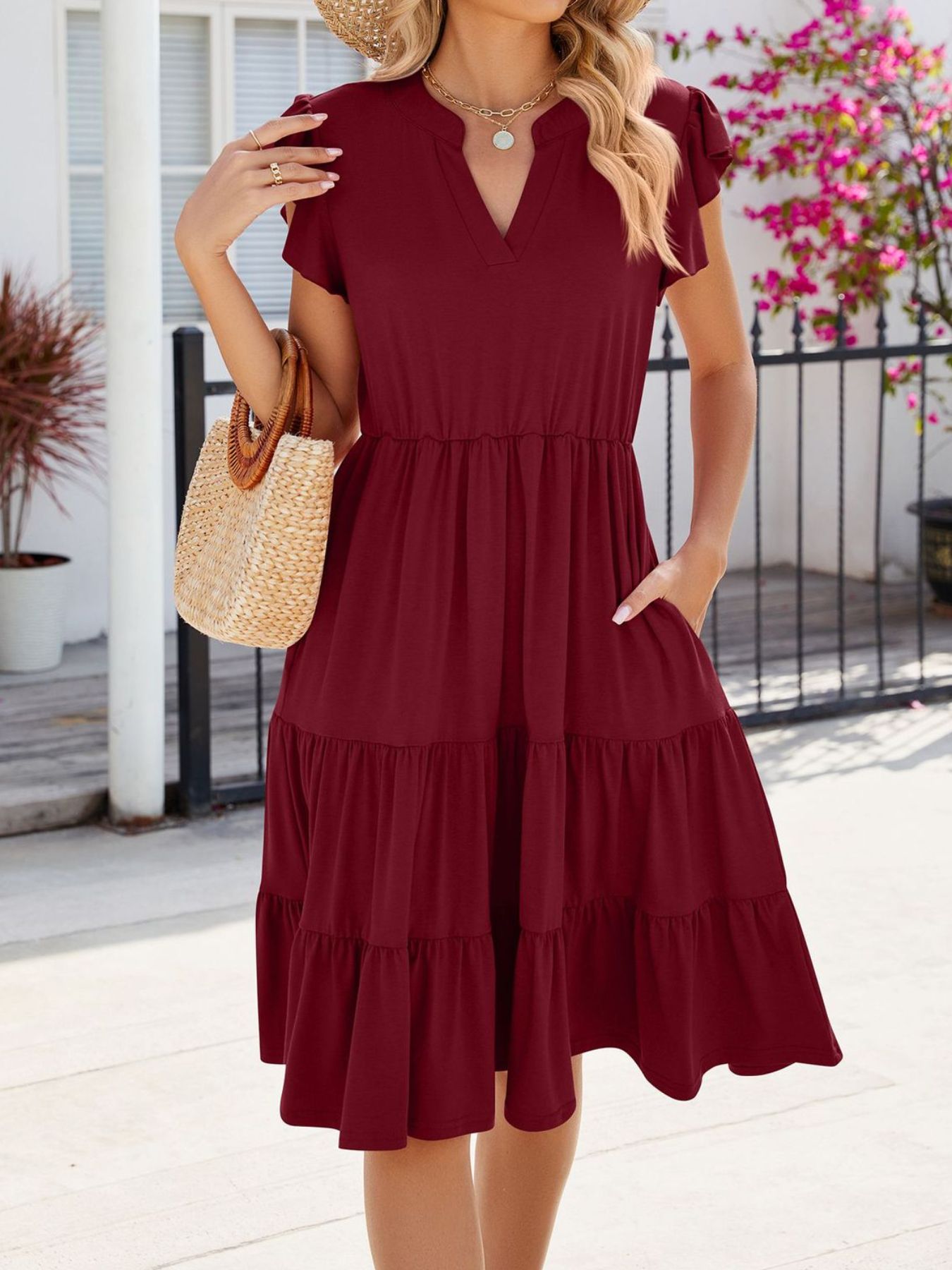 Ruffle-Sleeve Notched Tiered Midi Dress Burgundy