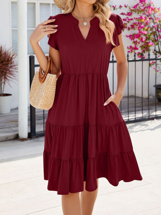 Ruffle-Sleeve Notched Tiered Midi Dress Burgundy