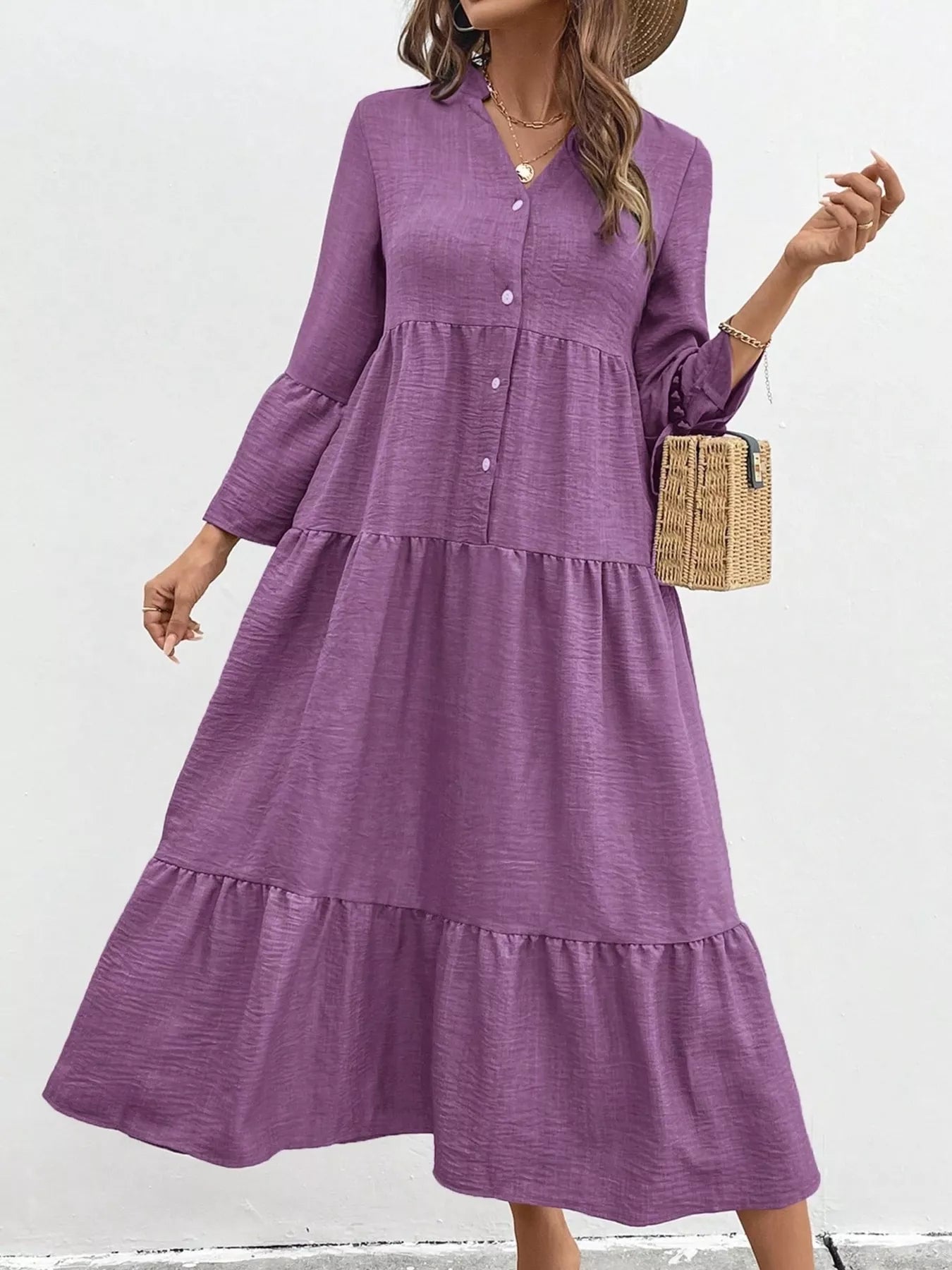 Ruffle Hem Button Front Tiered Dress