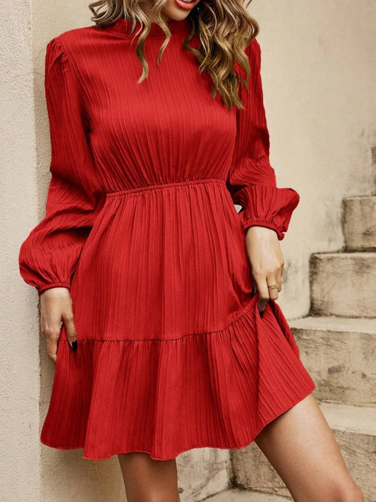 Ruffle Hem Long Sleeve Mini Dress red