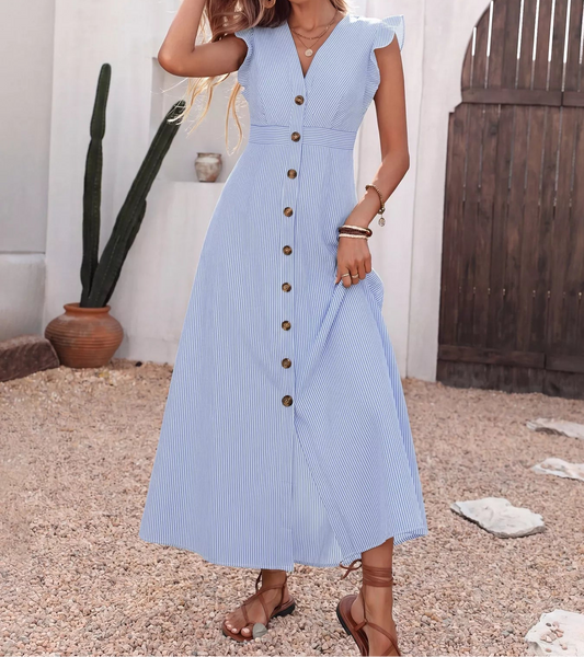 Ruffle Sleeve Button Front Midi Dress