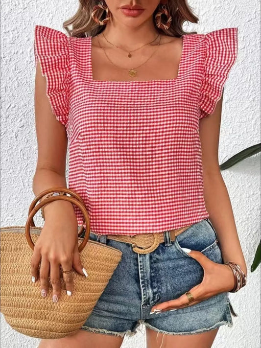 Ruffle Sleeve Gingham Square Neck Top red