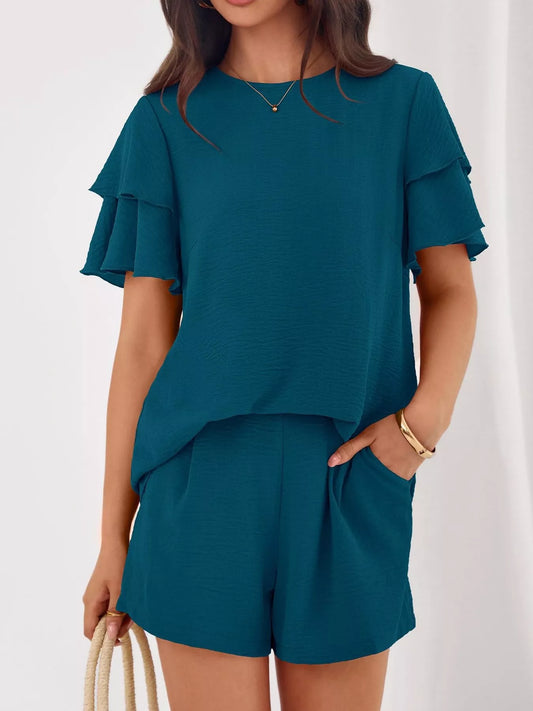 Ruffle Sleeve Top and Shorts Two-Piece Set