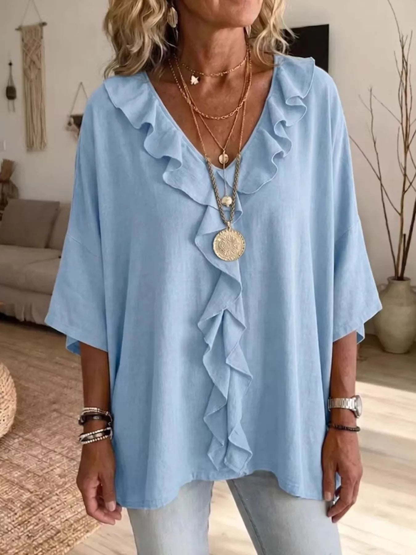 Ruffle V-Neck 3/4 Sleeve Blouse Light Blue