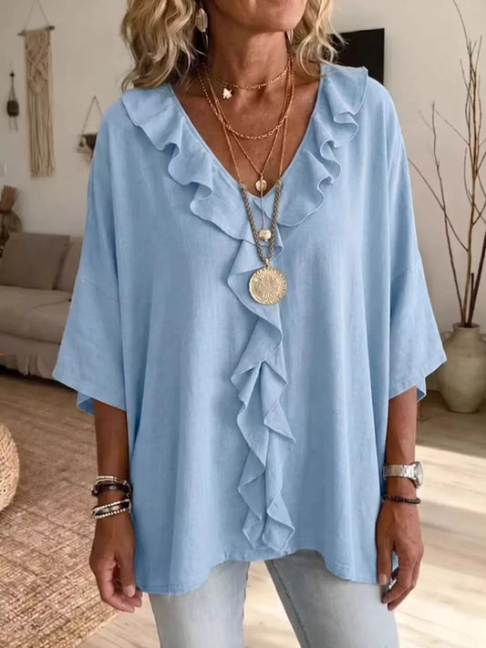 Ruffle V-Neck 3/4 Sleeve Blouse Light Blue