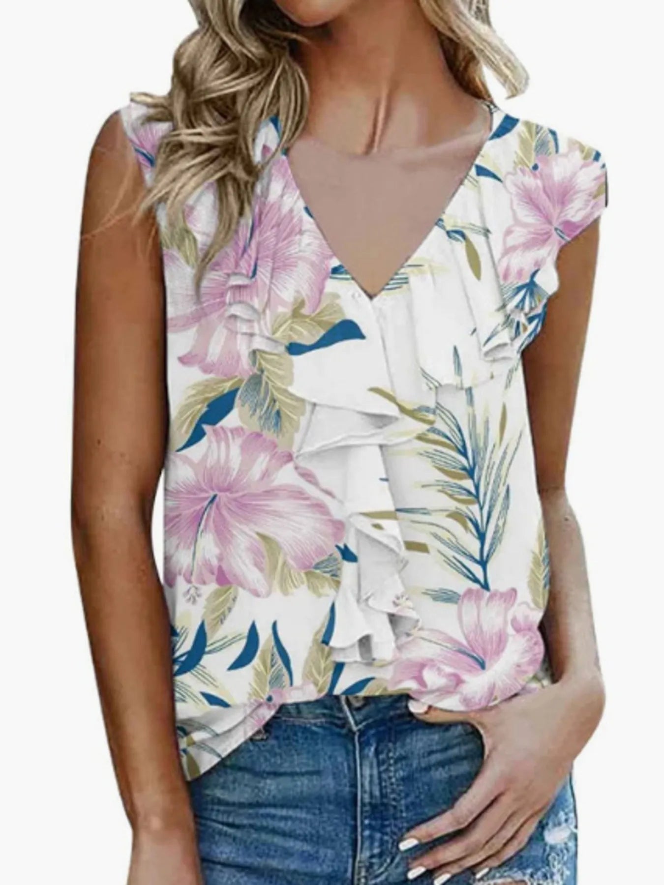 Ruffle V-Neck Sleeveless Blouse