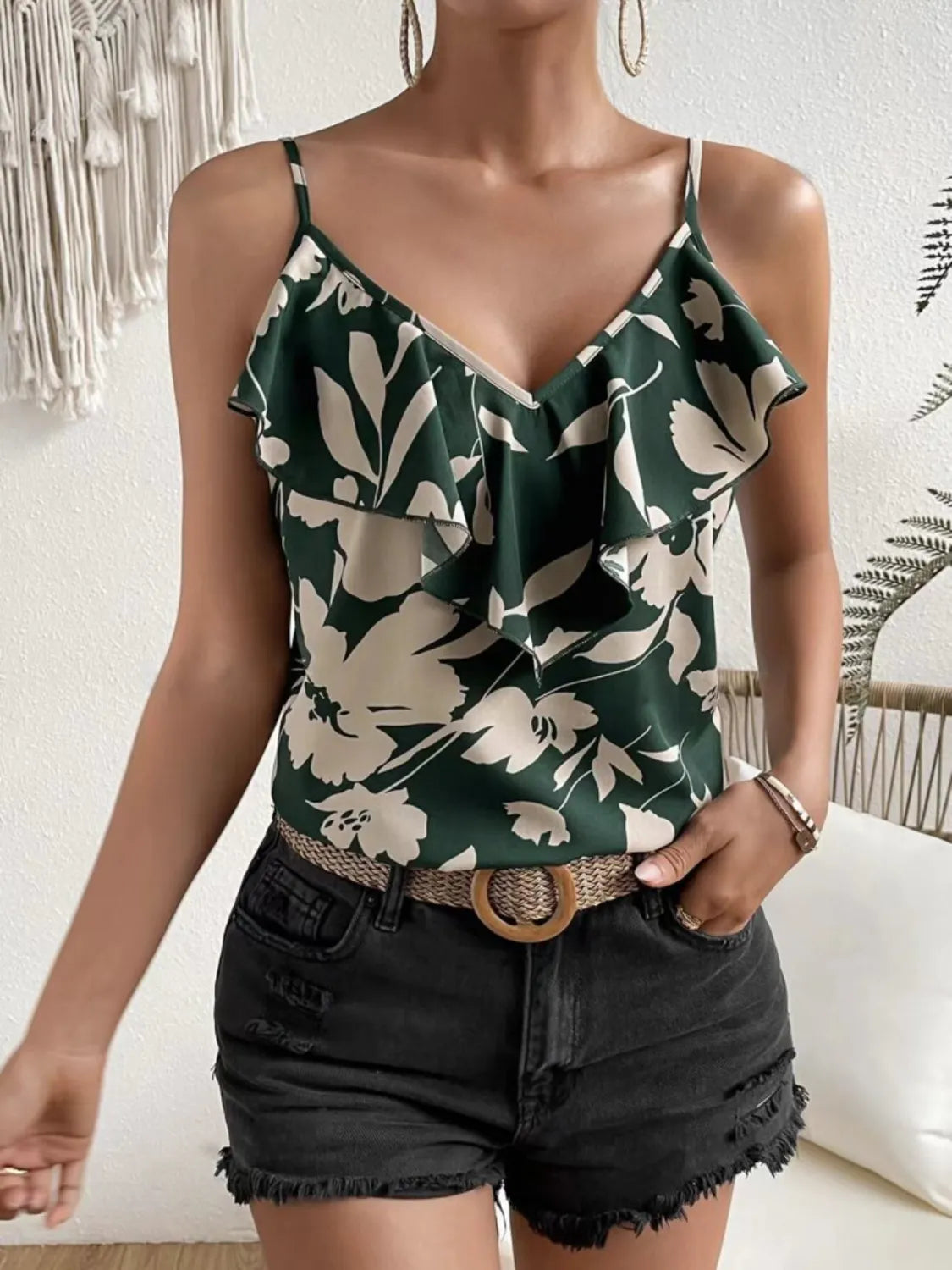 Ruffled Floral Print V-Neck Cami
