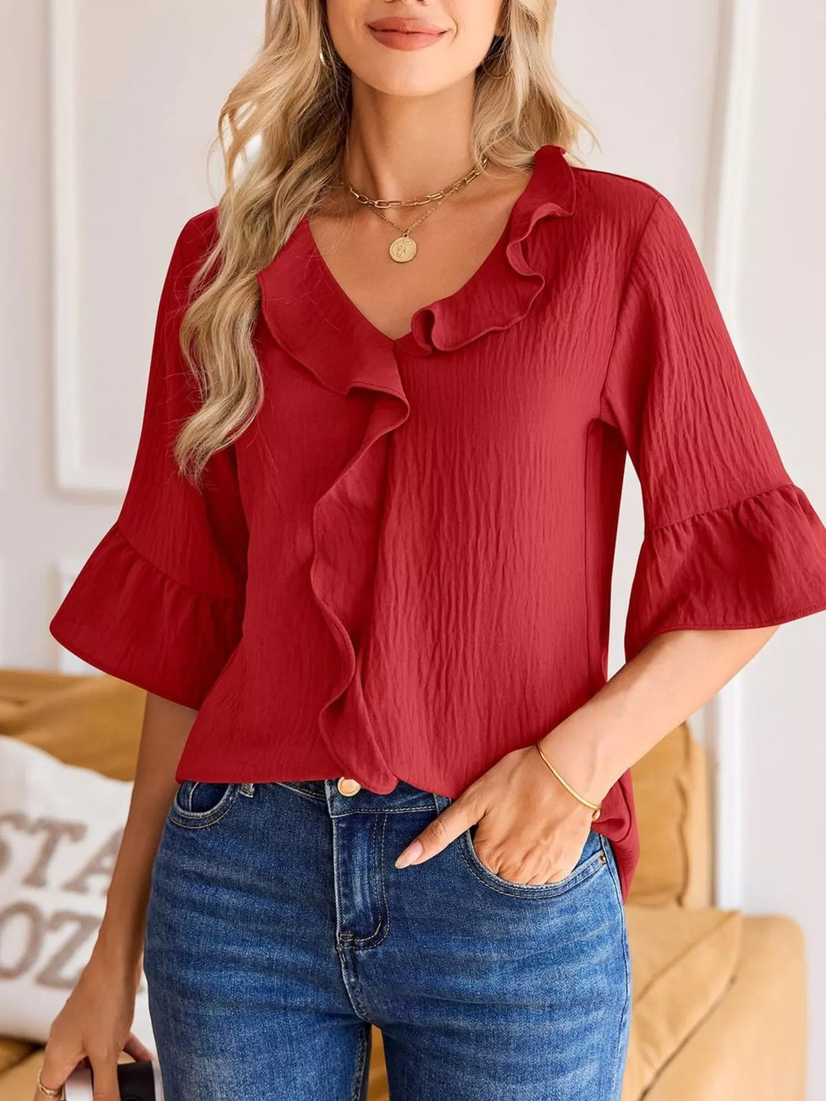 Ruffled Half-Sleeve Blouse Red