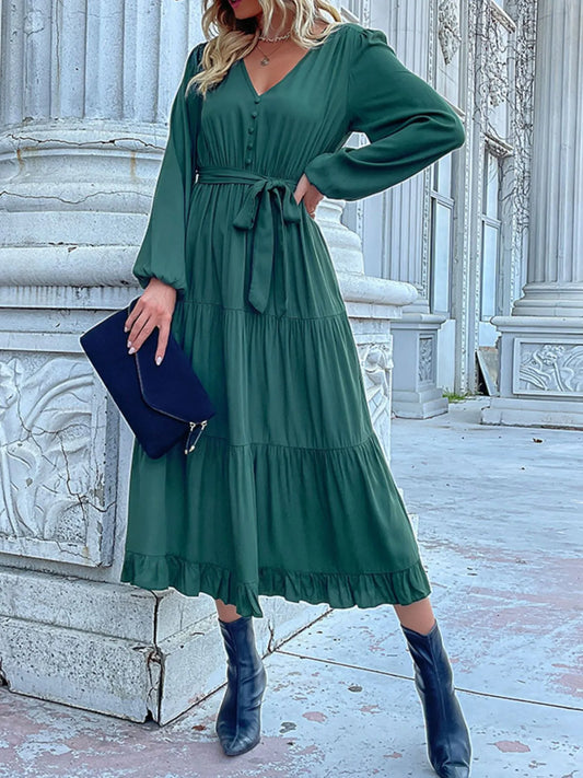 Ruffled Hem Balloon Sleeve Midi Dress green