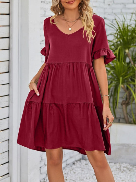 Ruffled Sleeve Tiered Mini Dress with Pockets
