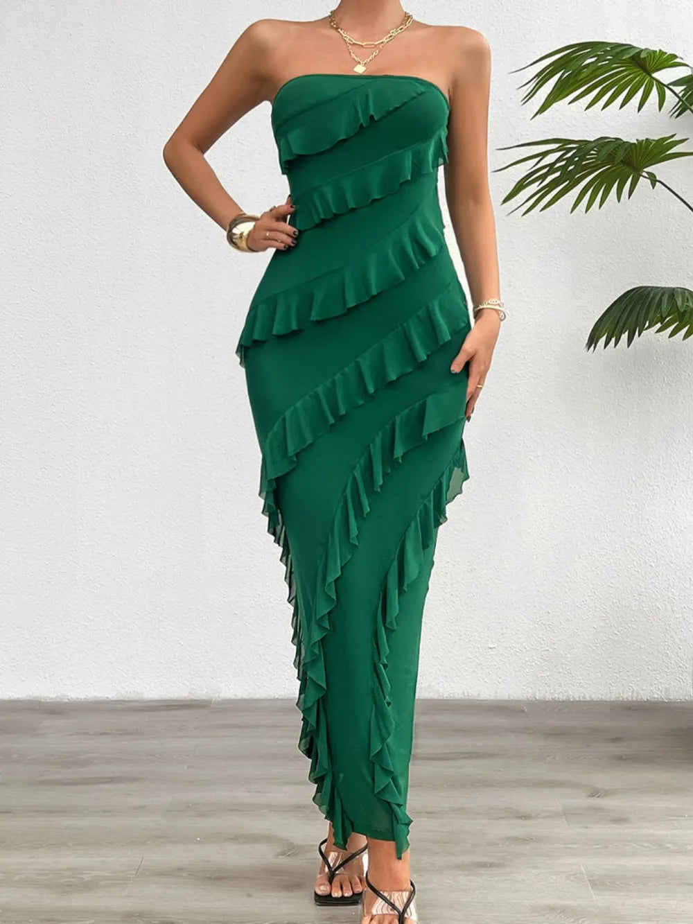 Ruffled Slit Back Tube Maxi Dress green