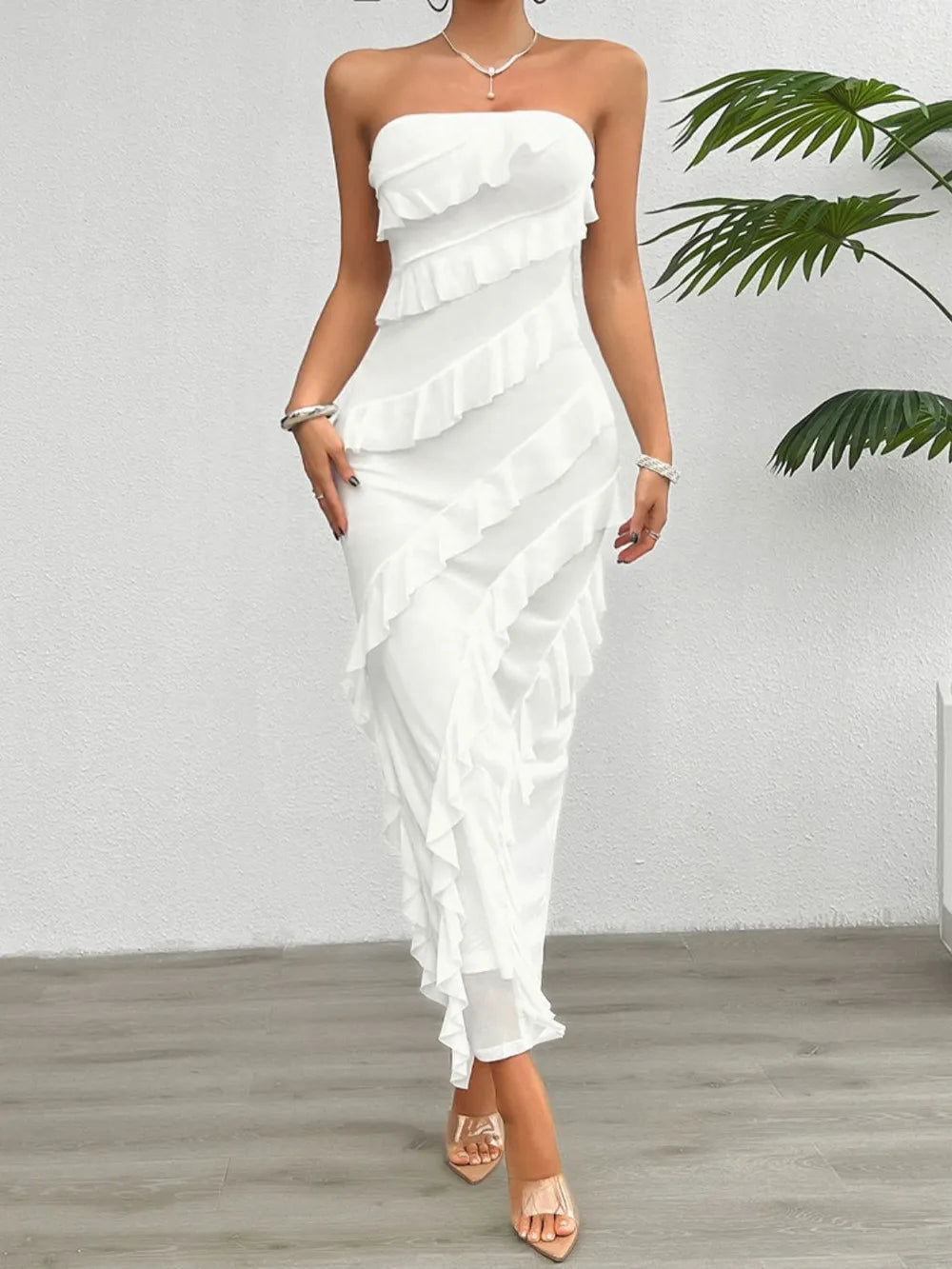 Ruffled Slit Back Tube Maxi Dress white