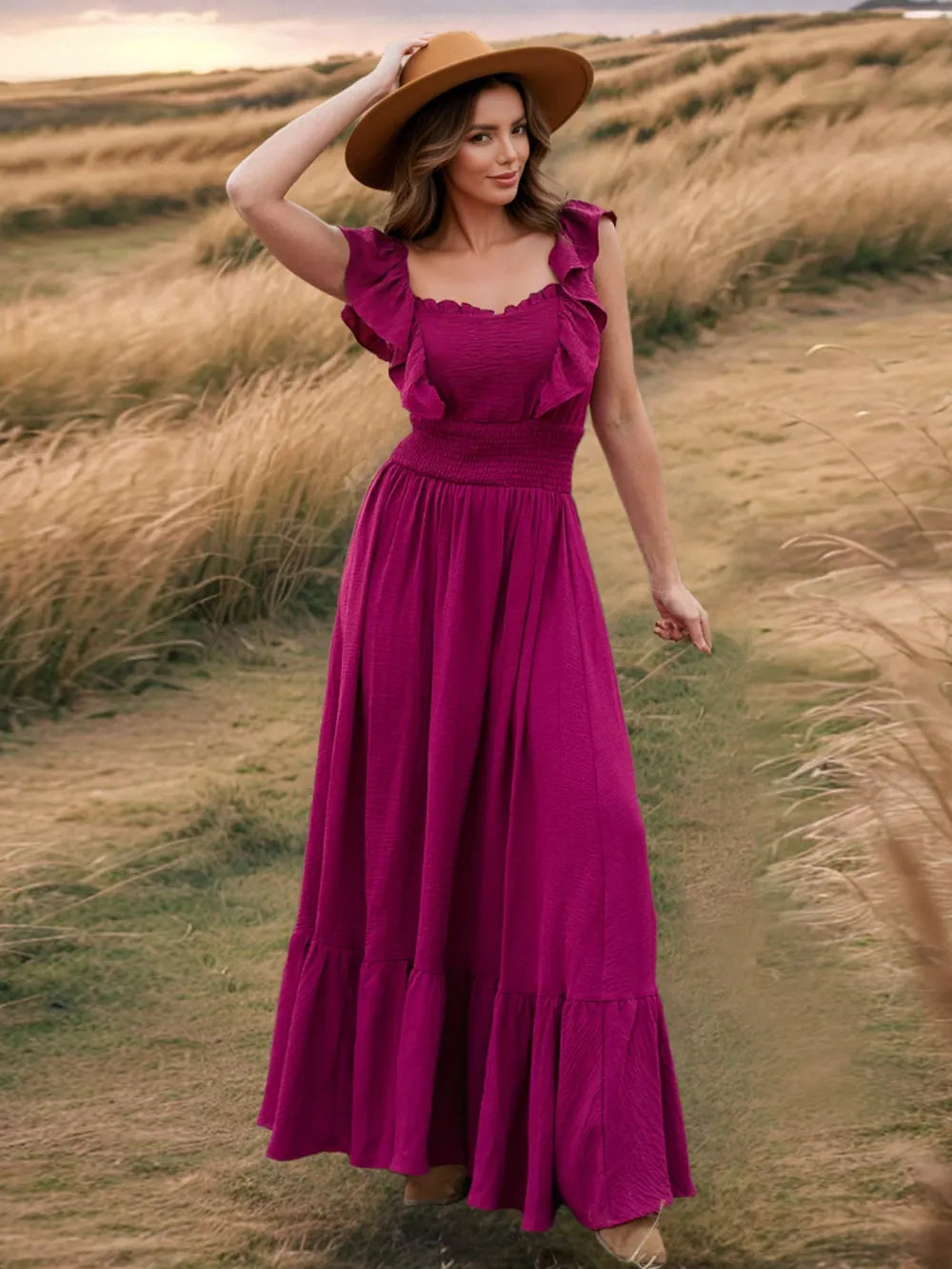 Ruffled Smocked Square Neck Maxi Dress - Women's Summer Boho Long Dress purple
