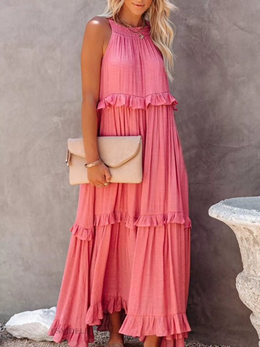 Ruffled Tiered Sleeveless Maxi Dress Pink