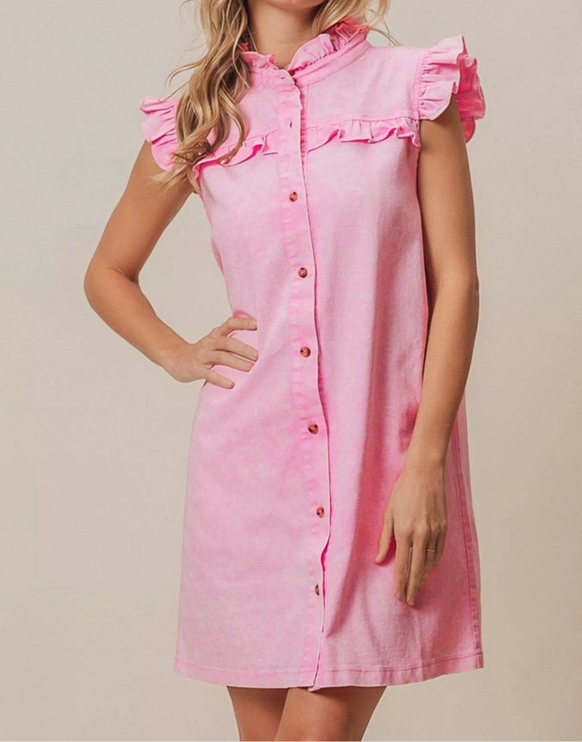 Ruffled Trim Button-Down Denim Dress Pink