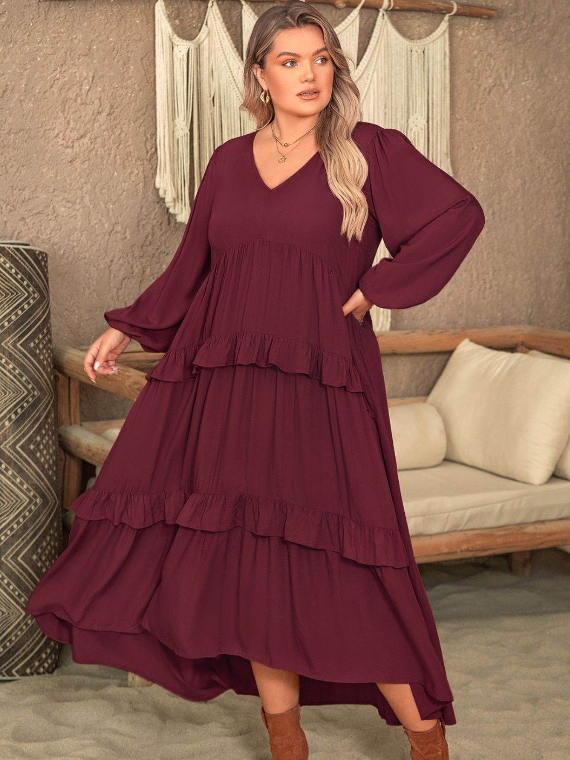 Ruffled V-Neck Long Sleeve Maxi Dress (Curve) burgundy