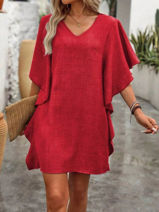 Ruffled V-Neck Mini Dress with Flutter Sleeves - Women's Ruffle Mini Dress Red