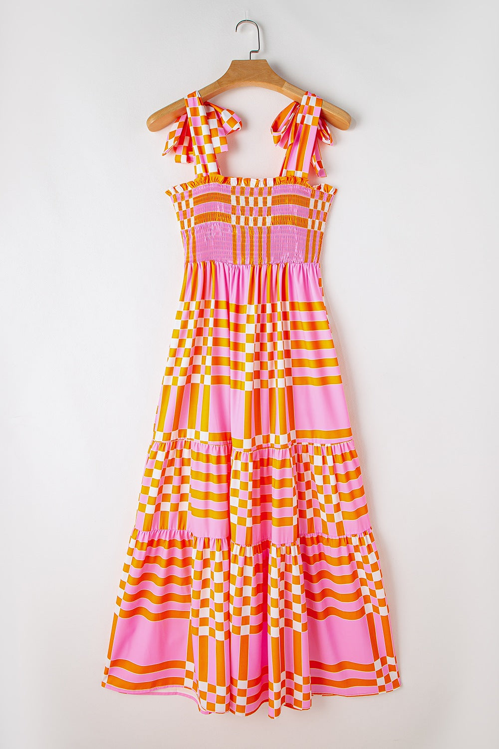 Shoulder Tie Pink and Orange Printed Checkered Maxi Dress