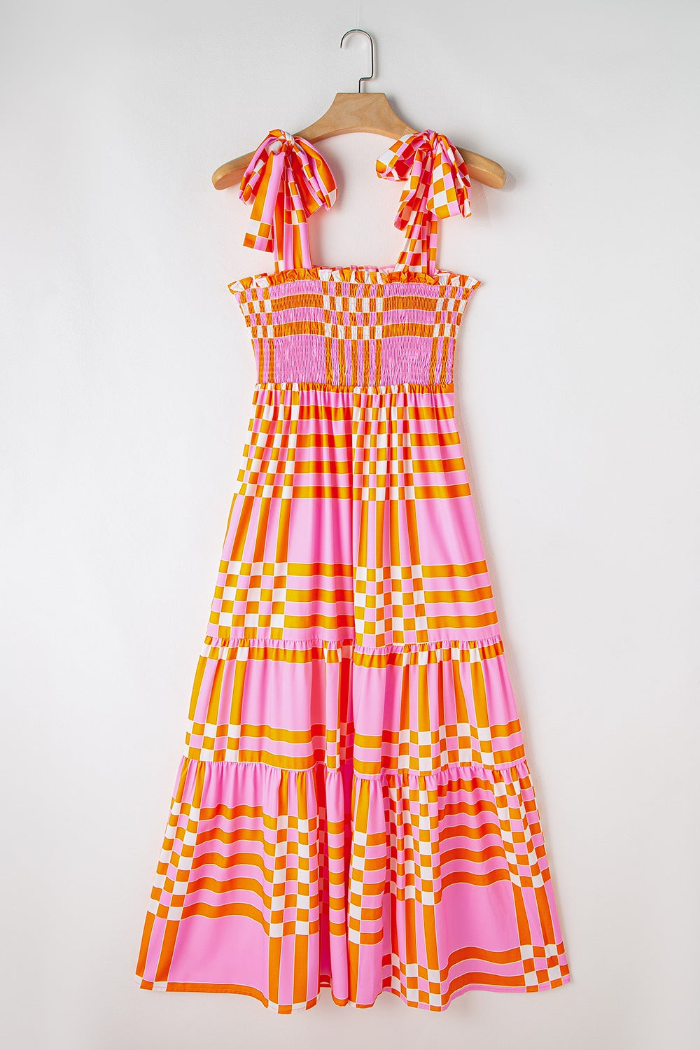 Shoulder Tie Pink and Orange Printed Checkered Maxi Dress