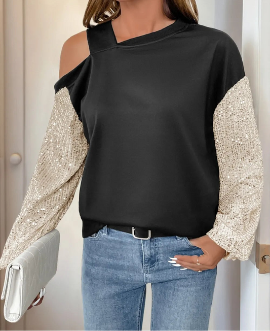 Sequin Asymmetrical Neck Long Sleeve Sweatshirt