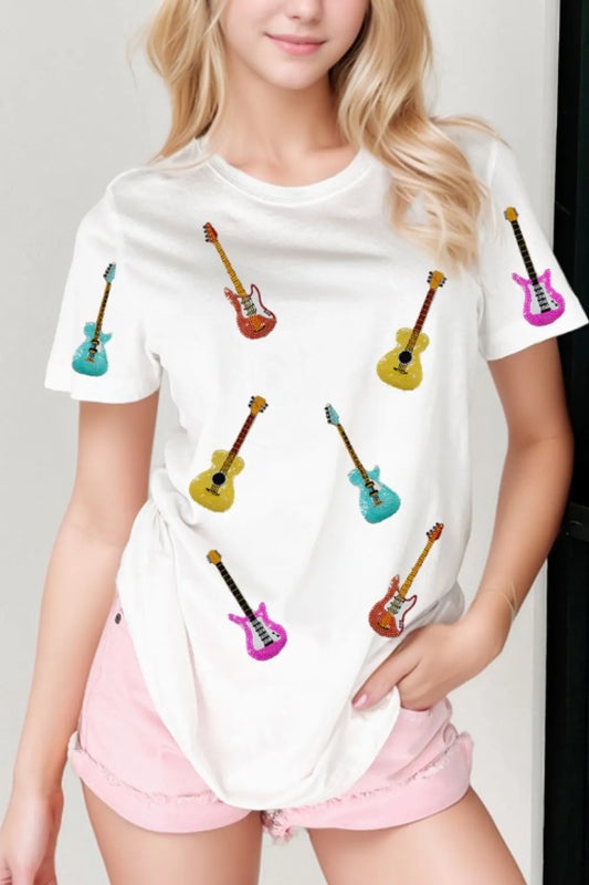 Sequin Guitar Crew Neck T-Shirt Graphic Tee
