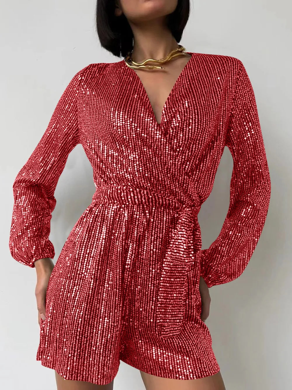 Red sequin long sleeve romper for women, stylish playsuit jumpsuit by Marigold Collections Australia, perfect for formal evening occasions.