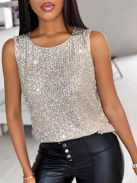 Sequin Round Neck Sleeveless Top