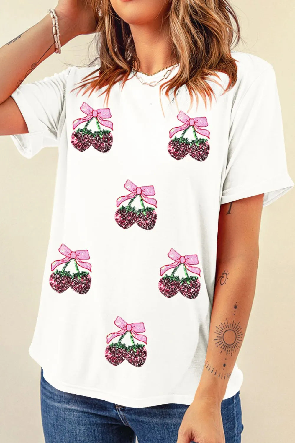 Sequin Strawberry Round Neck T-Shirt Graphic Tee