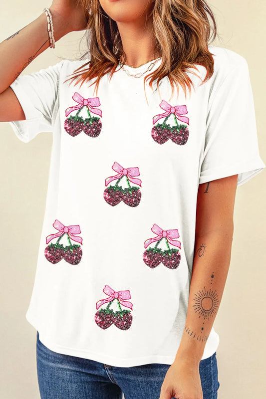 Sequin Strawberry Round Neck T-Shirt Graphic Tee